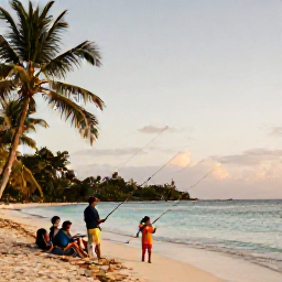 Caribbean Holidays, Jamaica Fishing December, Relaxed Jamaican seaside scene with a family enjoying a fishing excursion, palm trees and warm evening light