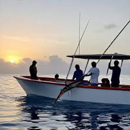 Caribbean Holidays, Jamaica Fishing, Deep sea fishing boat off the Jamaican coast at sunrise, with anglers fighting a large marlin in calm Caribbean waters