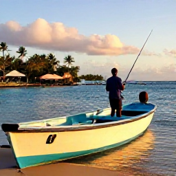 Caribbean Holidays, Jamaica Fishing February, A Jamaican angler relaxing beside a colourful fishing boat after a successful day, with a tropical harbour and golden afternoon light