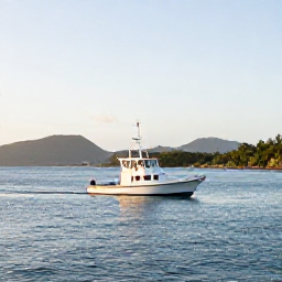 Caribbean Holidays, Jamaica Fishing February, A sport fishing boat leaving a Jamaican harbour at sunrise, with calm Caribbean water and distant green hills