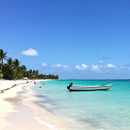 Caribbean Holidays, Jamaica Fishing February, A sunny Jamaican coastline in February with a small fishing boat on clear turquoise water, palm trees and bright blue sky
