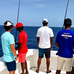Caribbean Holidays, Jamaica Fishing February, Friendly anglers enjoying a deep sea fishing trip off Jamaica, with rods in holders and a professional local captain