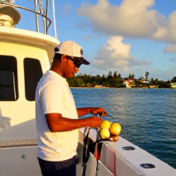 Caribbean Holidays, Jamaica Fishing, Friendly Jamaican fishing guide preparing tackle on a modern charter boat, warm Caribbean sunlight and a scenic coast