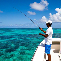 Caribbean Holidays, Jamaica Fishing, Friendly Jamaican fishing guide showing an angler how to cast from a well-equipped boat beside a colourful reef
