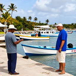 Caribbean Holidays, Jamaica Fishing, Jamaican fishing harbour with colourful boats, palm trees and a local captain greeting holiday visitors