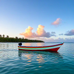 Caribbean Holidays, Jamaica Fishing July, A colourful Jamaican fishing boat on calm turquoise Caribbean water at sunrise, tropical coastline in the background