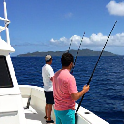 Caribbean Holidays, Jamaica Fishing July, Deep-sea fishing excursion off the Jamaican coast, anglers holding rods on a modern boat with blue ocean and distant mountains