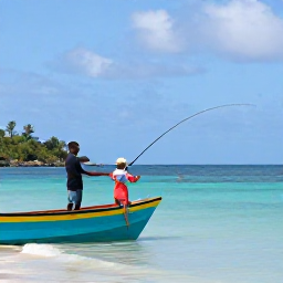 Caribbean Holidays, Jamaica Fishing July, Friendly local Jamaican fishing guide helping a visitor cast from a small boat near a quiet tropical bay