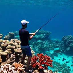 Caribbean Holidays, Jamaica Fishing March, Angler casting near a colourful Jamaican coral reef in clear shallow water, with tropical fish visible below the surface