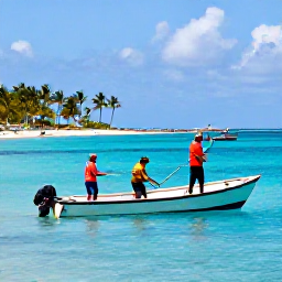 Caribbean Holidays, Jamaica Fishing March, Anglers fishing from a bright blue Jamaican coastline in warm March sunshine, with palm trees and small boats in the background