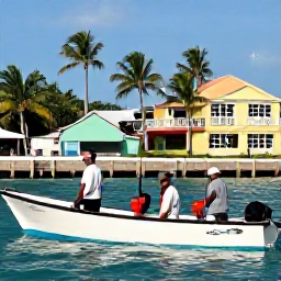 Caribbean Holidays, Jamaica Fishing March, Friendly anglers returning to a Jamaican harbour after a successful March fishing trip, with colourful buildings and palm trees behind them