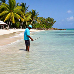 Caribbean Holidays, Jamaica Fishing May, A friendly Jamaican fishing guide helping visitors fish from a quiet shoreline beside clear shallow water and tropical vegetation