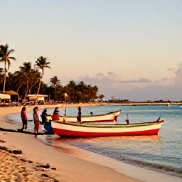 Caribbean Holidays, Jamaica Fishing May, A relaxed Jamaican seaside evening with anglers returning to harbour, colourful boats, palm trees and warm golden light