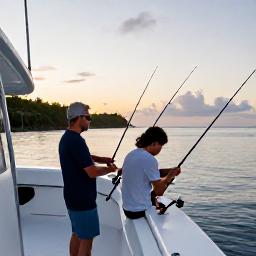 Caribbean Holidays, Jamaica Fishing May, Anglers aboard a modern charter boat near Jamaica, preparing fishing rods at sunrise with a calm sea and distant coastline