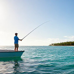 Caribbean Holidays, Jamaica Fishing November, Angler casting from a small boat into calm turquoise Caribbean waters off Jamaica in November, bright morning light