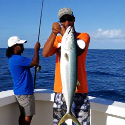 Caribbean Holidays, Jamaica Fishing November, Angler reeling in a large sport fish from a charter boat off the Jamaican coast, crew assisting in the sunshine