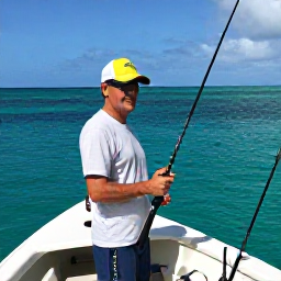 Caribbean Holidays, Jamaica Fishing November, Friendly Jamaican fishing guide preparing rods and tackle on a shaded boat beside clear tropical water
