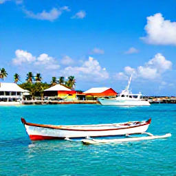 Caribbean Holidays, Jamaica Fishing November, Traditional Jamaican fishing boat and modern sport-fishing charter near a colourful Caribbean harbour, palm trees and clear blue sea