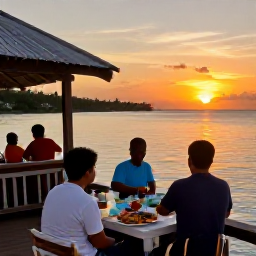 Caribbean Holidays, Jamaica Fishing October, Anglers relaxing beside a Jamaican seaside restaurant after a fishing trip, with grilled fish and a colourful sunset