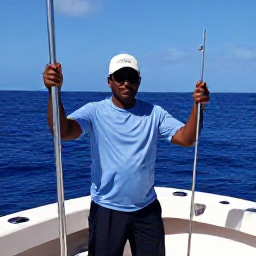Caribbean Holidays, Jamaica Fishing October, Friendly Jamaican fishing guide helping holidaymakers on a well-equipped boat in bright tropical sunshine