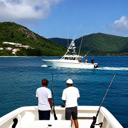 Caribbean Holidays, Jamaica Fishing October, Sport fishing boat heading out from a Jamaican harbour, with anglers preparing rods and tropical hills beyond