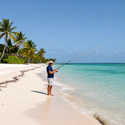 Caribbean Holidays, Jamaica Fishing, Relaxed angler casting from a quiet Jamaican beach beside clear shallow water and palm trees