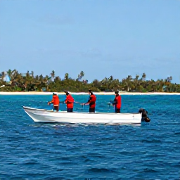 Caribbean Holidays, Jamaica Fishing September, Anglers fishing from a small charter boat on calm blue Jamaican waters in September, tropical coastline in the background
