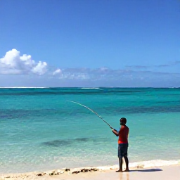 Caribbean Holidays, Jamaica Fishing September, Friendly local Jamaican fishing guide helping holidaymakers cast from a quiet shoreline beside clear turquoise water