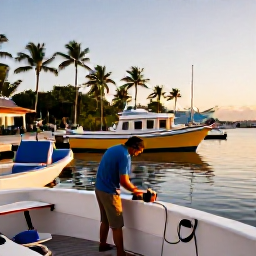 Caribbean Holidays, Jamaica Fishing September, Sport fishing charter preparing tackle at a Jamaican marina at sunrise, palm trees and colourful boats nearby