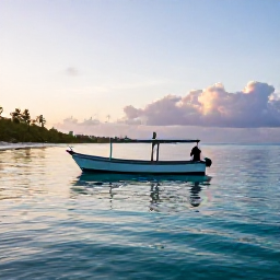 Caribbean Holidays, Jamaica Fishing, Small Jamaican fishing boat on calm turquoise Caribbean water at sunrise, tropical coastline in the background