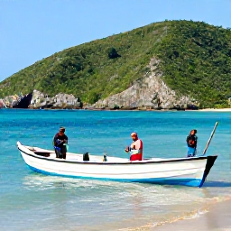 Caribbean Holidays, Jamaica Fishing, Small Jamaican fishing boat on clear blue Caribbean water near the coast, with green hills in the background and anglers preparing their tackle