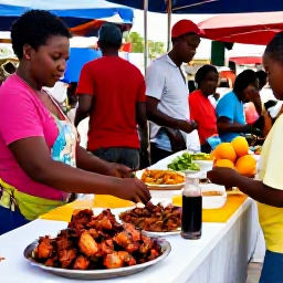 Caribbean Holidays, Jamaica Holidays, A colourful Jamaican street food scene with jerk chicken, fresh fruit, local dishes and friendly people at an outdoor market