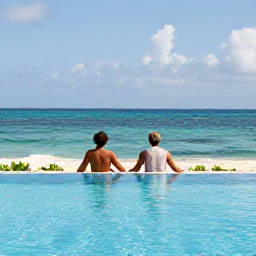 Caribbean Holidays, Jamaica Holidays April, Couple relaxing beside an infinity pool at a high-end Jamaican resort overlooking the Caribbean Sea