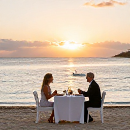 Caribbean Holidays, Jamaica Holidays April, Elegant beachfront dinner at sunset in Jamaica with a couple at a candlelit table and calm Caribbean waters