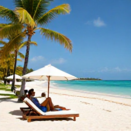 Caribbean Holidays, Jamaica Holidays July, Elegant all-inclusive Jamaican resort beside a tropical beach, with pool loungers, palm trees and guests relaxing