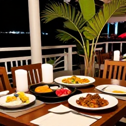 Caribbean Holidays, Jamaica Holidays July, Outdoor Jamaican restaurant serving colourful local food, with tropical plants and a relaxed evening atmosphere