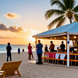Caribbean Holidays, Jamaica Holidays June, A colourful Jamaican evening with a beachfront restaurant, local food, live reggae music and warm sunset light