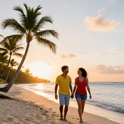 Caribbean Holidays, Jamaica Holidays June, A happy couple walking along a Jamaican beach at sunset, with palm trees, calm sea and warm golden light