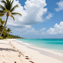Caribbean Holidays, Jamaica Holidays June, A relaxed Jamaican beach in June with turquoise water, soft white sand, palm trees and a bright but lightly clouded sky