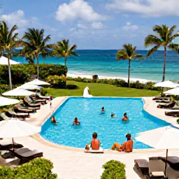 Caribbean Holidays, Jamaica Holidays June, Guests enjoying a stylish all-inclusive resort pool in Jamaica, with sun loungers, tropical gardens and the Caribbean Sea nearby