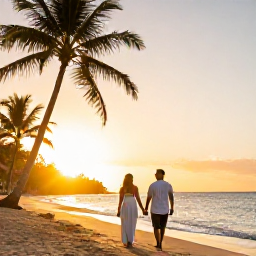 Caribbean Holidays, Jamaica Honeymoons, Couple walking hand in hand along a quiet Jamaican beach at sunset, palm trees and warm golden light