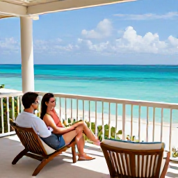 Caribbean Holidays, Jamaica Honeymoons, Elegant Jamaican beachfront resort with a couple relaxing on a private balcony overlooking turquoise sea