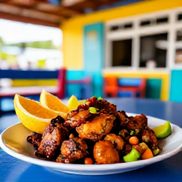Caribbean Holidays, Jamaica Honeymoons, Jamaican jerk chicken and fresh tropical fruit served at a colourful local restaurant