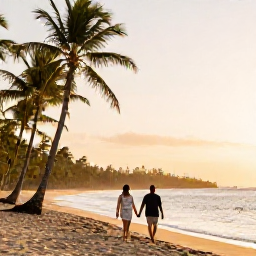 Caribbean Holidays, Jamaica Honeymoons July, Couple walking hand in hand along a quiet Jamaican beach at sunset, palm trees and warm golden light