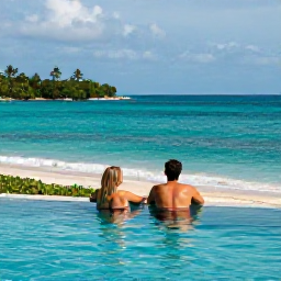 Caribbean Holidays, Jamaica Honeymoons July, Romantic beachfront resort in Jamaica with a couple relaxing beside an infinity pool overlooking turquoise water