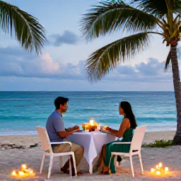 Caribbean Holidays, Jamaica Honeymoons July, Romantic Jamaican beach dinner for two with candles, tropical flowers and ocean views at dusk