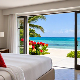 Caribbean Holidays, Jamaica Honeymoons May, Elegant beachfront honeymoon suite in Jamaica with white linen, tropical flowers, open doors to a private terrace and sea views