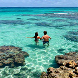 Caribbean Holidays, Jamaica Honeymoons May, Honeymoon couple swimming in clear turquoise water near a Jamaican coral reef, colourful fish visible below, sunny Caribbean setting