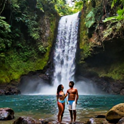 Caribbean Holidays, Jamaica Honeymoons May, Newlywed couple exploring lush Jamaican rainforest beside a waterfall, tropical greenery and clear natural pools