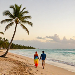 Caribbean Holidays, Jamaica Honeymoons May, Newlywed couple walking hand in hand along a quiet Jamaican beach at sunset, palm trees and calm turquoise sea